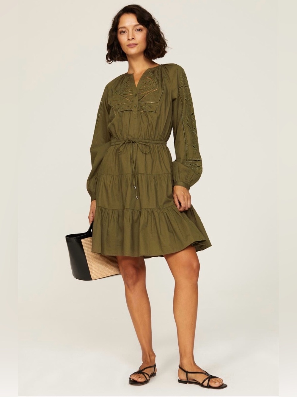 Ralph Lauren~Olive Eyelet Tiered Mini Dress w/ Tie Waist~Size 4~$195~